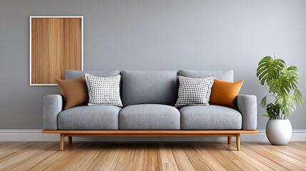 Fototapeta premium Elegant Gray Sofa in Modern Studio with Watercolor Mockup and Green Plant