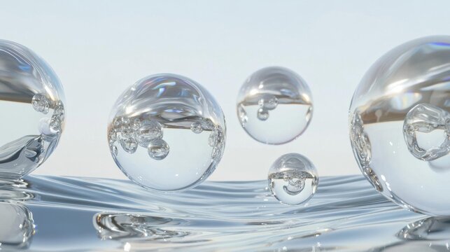 Group of five transparent spheres floating on top of a body of water. the spheres are of different sizes and shapes, with the largest one in the center and the smallest one on the right side.