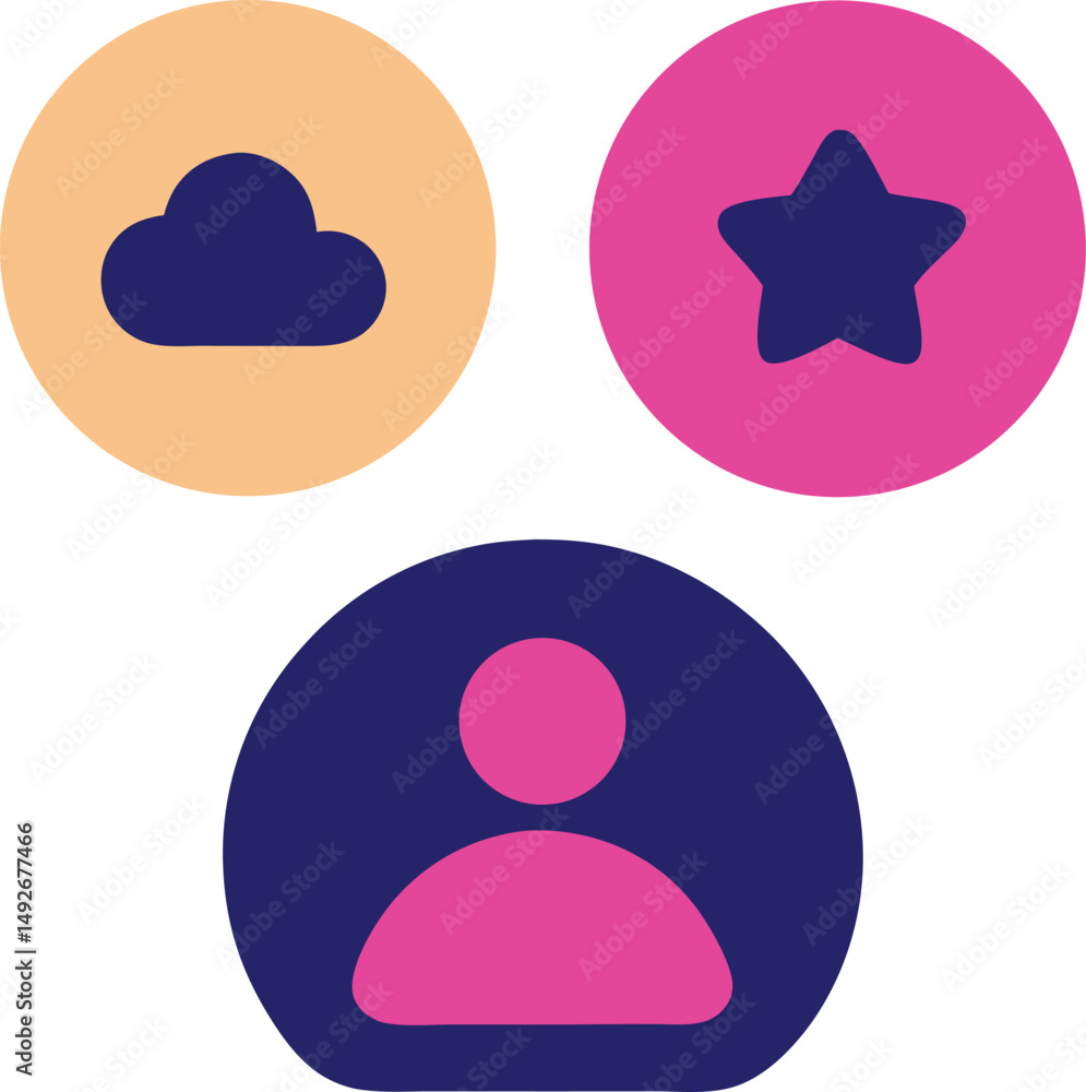 Poster abstract icons of cloud star and user with bold colors representing various digital concepts