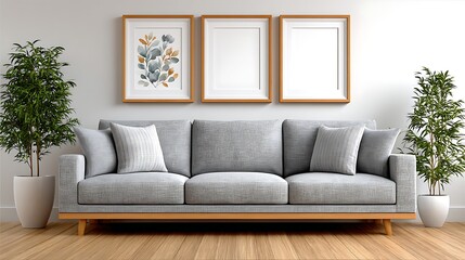 Modern Gray Couch with Watercolor Art and Green Plants in Stylish Studio Space