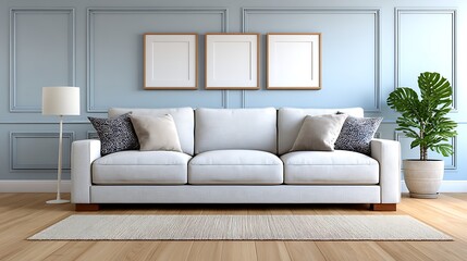 Light Gray Watercolor Style Mockup of Modern Living Room with Sofa