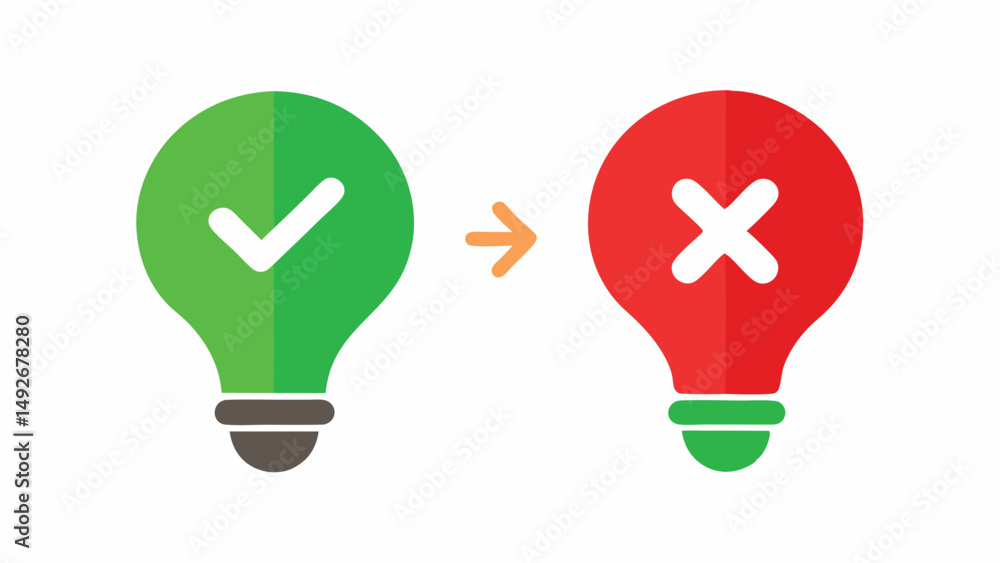 Poster green lightbulb checkmark transitioning to red lightbulb x symbol
