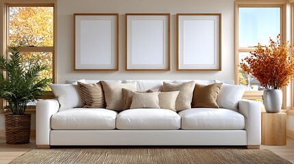 Bright and Cozy Living Room with White Sofa and Natural Light Decor