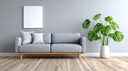 Light Gray Linen Couch in Minimalist Studio with Watercolor Mockup Style