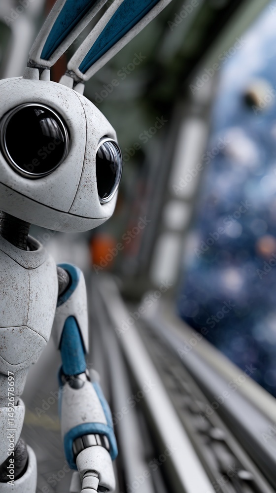 Poster cute robot with rabbit ears in futuristic setting