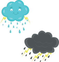 A blue cloud with lightning and a black-gray cloud with lightning and rain