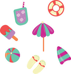 A summer set consisting of an umbrella, a drink, ice cream, a surfboard, a lifebuoy, a ball
