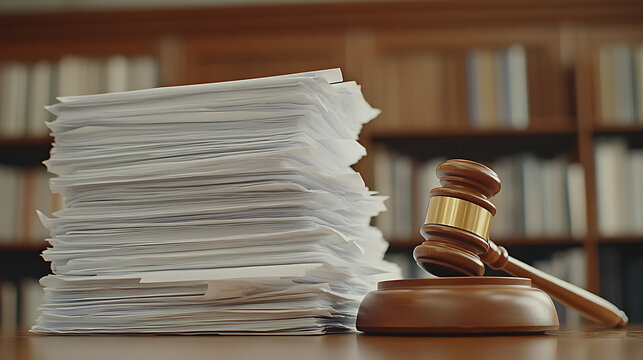 Legal Documentation and Gavel: Stack of papers with a gavel signifying legal proceedings, court decisions, or judicial authority. Law and Justice representation.