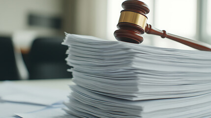 Courtroom scene with gavel resting on a large stack of legal documents. Symbolizing justice, law, and the complex paperwork of the legal process.