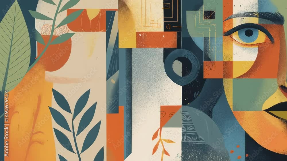Poster geometric shapes and delicate floral elements merging, progressively transforming into elegant woman