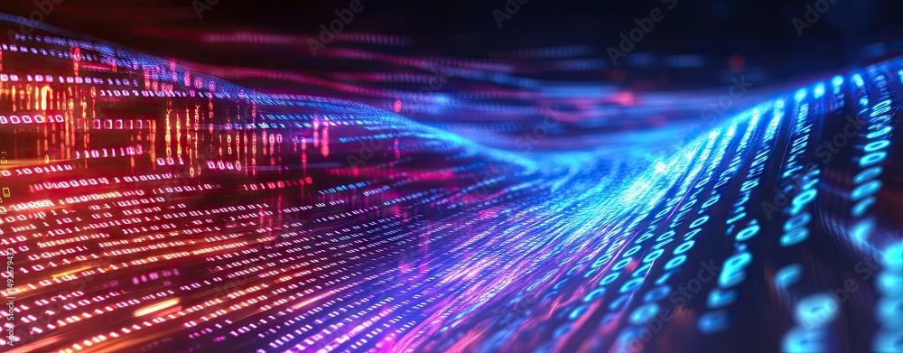 Poster a vibrant digital landscape depicting flowing waves of neon light and data streams. set against a da