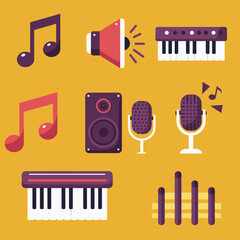 Flat design vector music icons set is a design with artful music symbols for web business