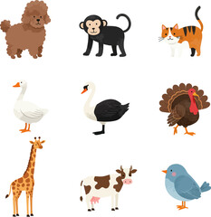 Fototapeta premium A funny cartoon animal vector illustration set features a wild collection of baby farm and zoo characters like dog, monkey, cat, goose, duck, turkey, giraffe, cow, bird