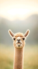 Obraz premium Quirky alpaca grinning with unnaturally white teeth, standing in lush meadow with soft focus landscape background