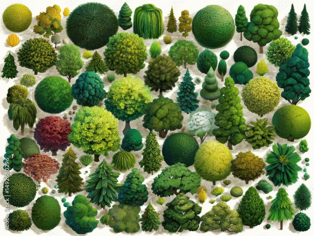 Poster assorted tree collection overhead shot featuring diverse shapes and colors on white background for d