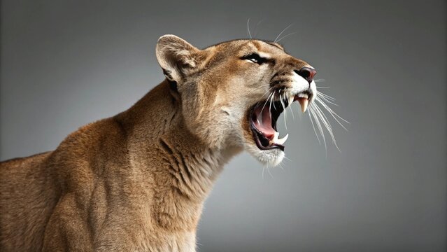 A majestic cougar or puma is captured mid-growl or roar, showing its powerful jaw and sharp teeth. The side profile against a grey background emphasizes the animal's strength