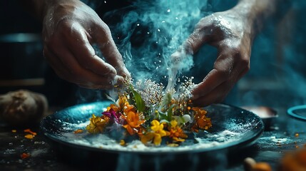 Chef&rsquo;s hands craft floral dish with smoky flourishes for culinary artistry creativity delicate presentation gourmet food passion kitchen concept.