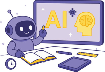 AI Learning: Cute Robot Studying Artificial Intelligence, Vector Illustration.
