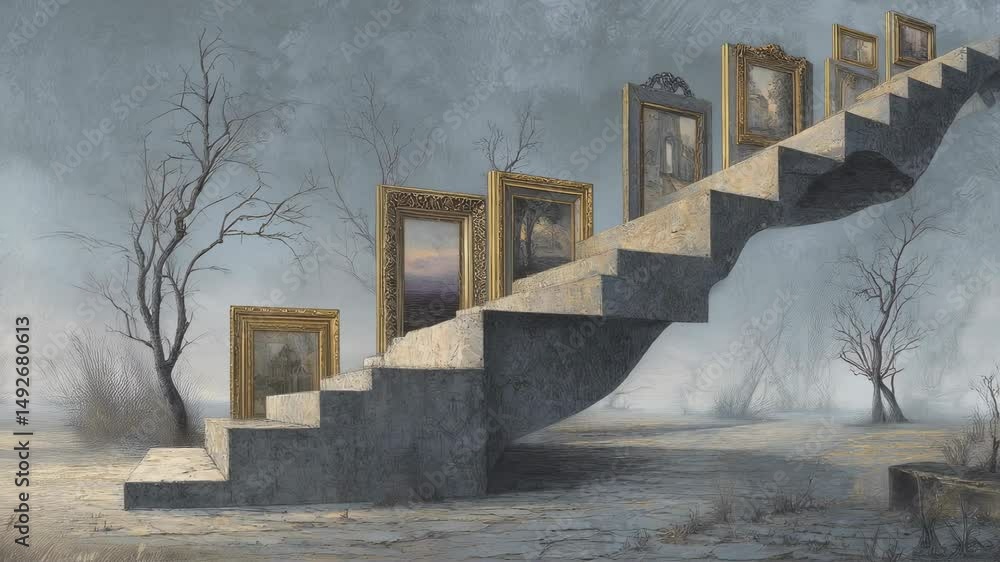 Poster golden frames with paintings rest upon a concrete staircase ascending through a barren landscape und