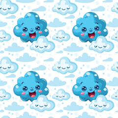 Pale blue seamless pattern with clouds, highlights and stars for design. Happy childhood dreams.