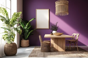 A modern dining room featuring a wooden table surrounded by stylish chairs. illuminated by natural light through large windows. with a vibrant purple wall and decorative plants