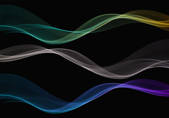 Set of colorful flowing waves on black background in modern abstract style