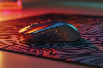 Close-Up of a Modern Gaming Mouse Resting on a Colorful Mouse Pad with Stylish Patterns, Perfect for Tech Enthusiasts and Gamers in a Creative Workspace Environment