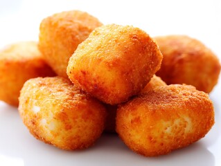 Delicious deep fried croquettes stacked on a white plate, tempting and inviting
