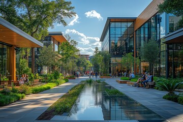 a pedestrian friendly urban square with plenty of greenery