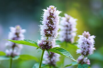 Anise hyssop blooming in garden, close-up view of purple and white flowers with green leaves, natural light, soft focus