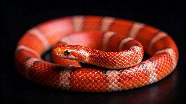 A vibrant red milk snake or king snake coiled on a dark background, looking directly forward. The striking pattern of red, white, and black bands highlights the beauty - Powered by Adobe