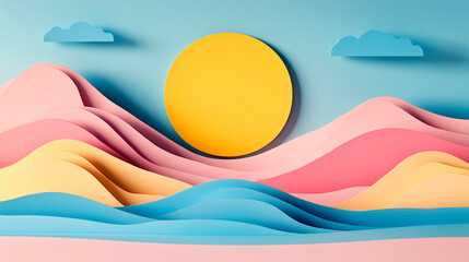 Layered paper cut-out effect in soft pastel tones depicting stylized hills, round yellow sun, and sky, minimal and artistic landscape illustration
