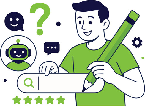 AI Assistant Concept. Man with a chatbot and rating stars, vector illustration.