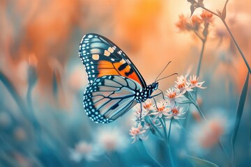 Obraz premium A vibrant monarch butterfly delicately perched on soft, white flowers in a dreamy, sunlit garden.