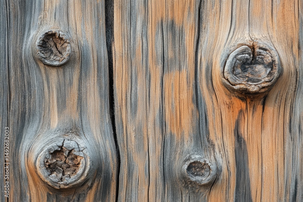 Poster close-up view of a rustic wooden surface showcasing natural grain patterns. knots. and subtle cracks