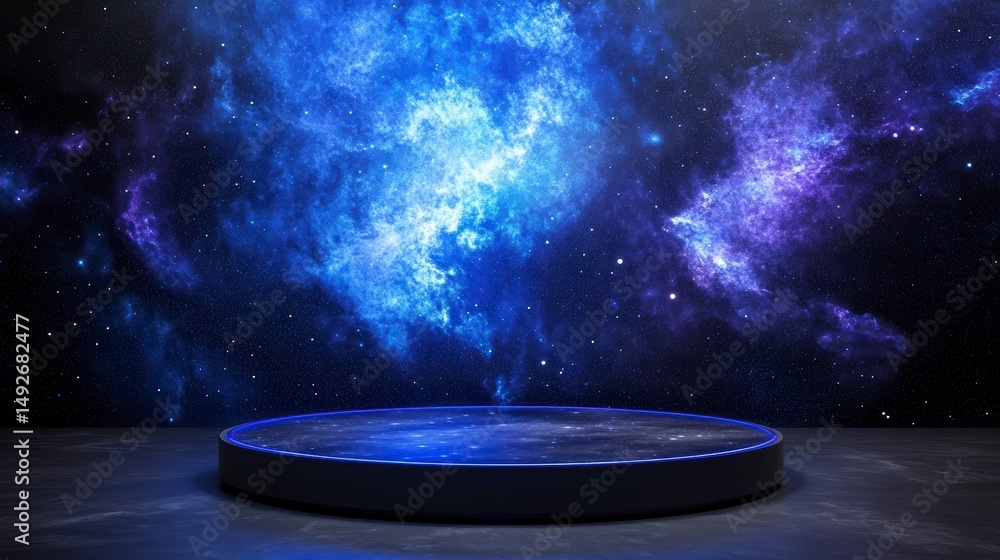 Poster dark cosmic background with illuminated circular platform.