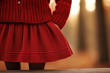 Close-Up of a Person in a Red Sweater and Skirt on a Wooden Surface in a Beautiful Autumn Forest, Highlighting Texture and Colors of Seasonal Fashion