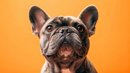 Headshot of a purebred French Bulldog with its characteristic flat face and expressive eyes, gazing upwards against a solid orange backdrop