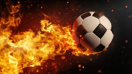 Naklejka premium A dynamic soccer ball engulfed in flames. soaring through a dark background. symbolizing energy and excitement in sports. perfect for action-themed promotional materials