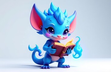 Cute cyan flame spirit holding a book,, dragon, cartoon, illustration, white background, character 