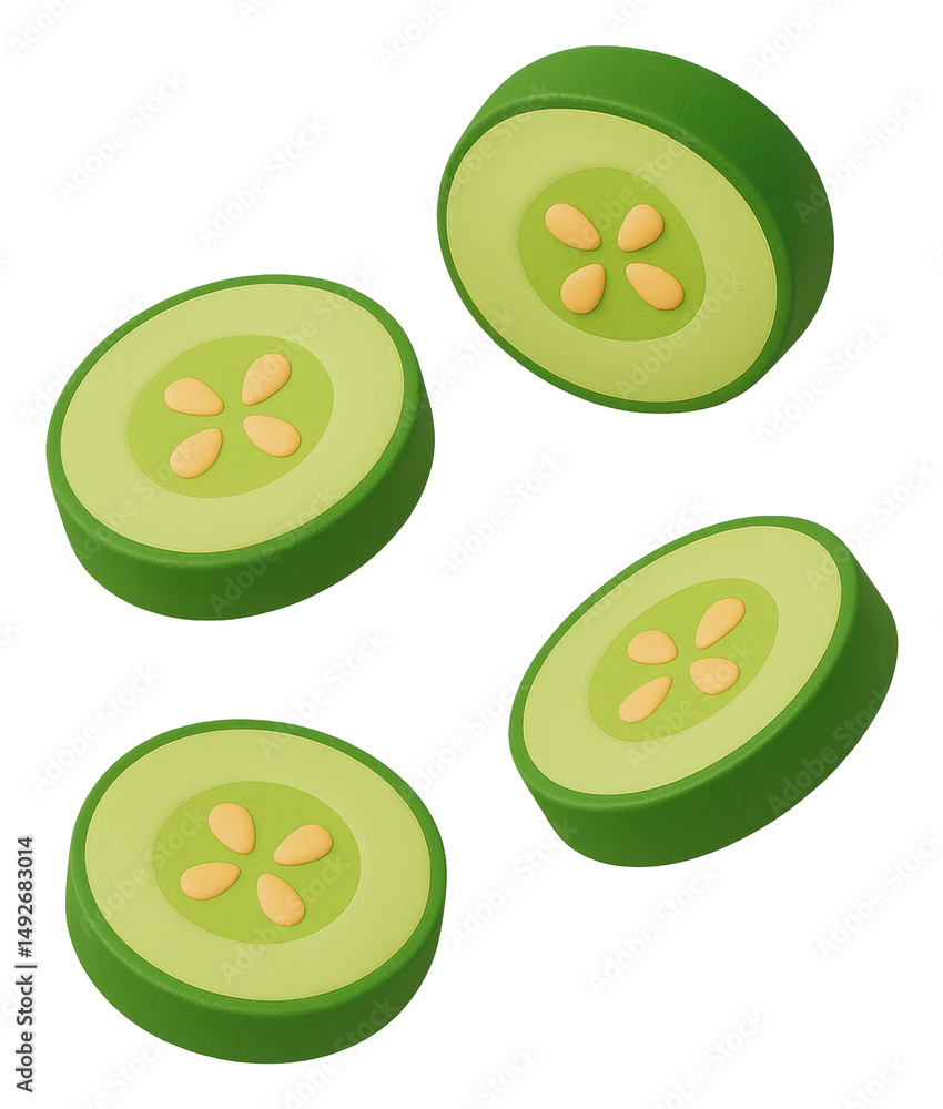 Poster floating green cucumber slices on transparent background