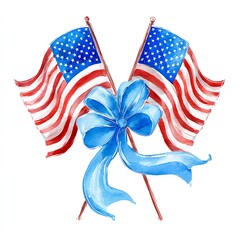American Flags Watercolor Art Patriotic Symbolism Celebrating Freedom And Unity With ABlue Bow