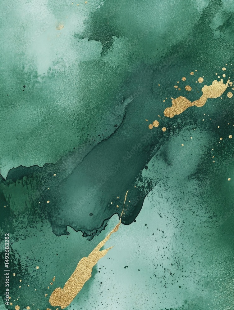 Poster abstract green watercolor background featuring splashes of gold. creating a serene and artistic atmo