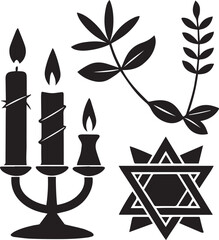 Symbolic Hanukkah Icons Star of David Candle Olive Branch Scroll
