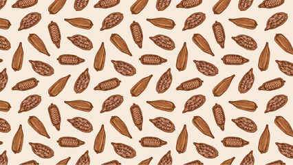 Seamless pattern featuring stylized brown seeds on a light beige background in a repeating design