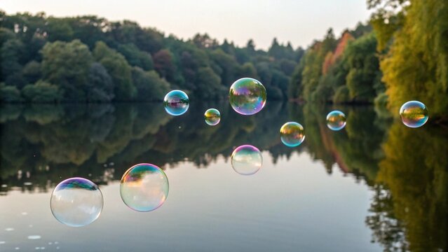 Numerous iridescent soap bubbles float and reflect the colorful sky and forest over a calm lake during golden hour - Powered by Adobe