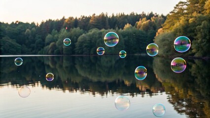 A beautiful natural landscape featuring a serene lake and trees silhouetted against a warm sky, dotted with many shimmering bubbles drifting above the water's surface