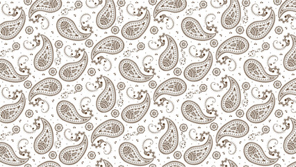 Seamless paisley pattern on white background with intricate details and small floral accents throughout design