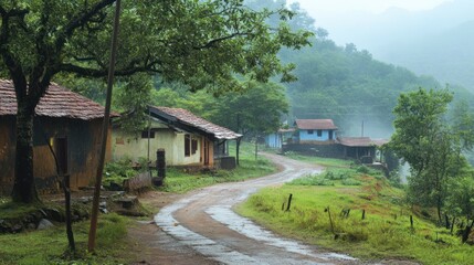 Naklejka premium Serene Rainy Day in a Hillside Village