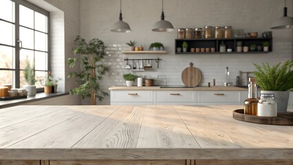 Hyper-realistic spring tabletop scene, whitewashed oak wood front-facing mockup, blurred scandinavian loft kitchen background
